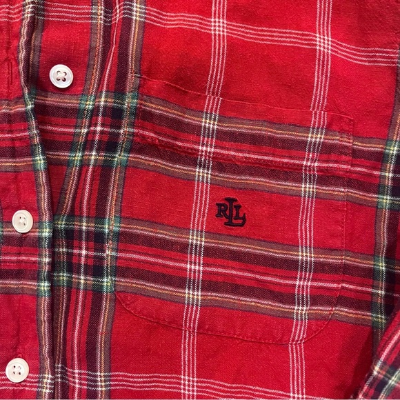 Vintage Lauren Ralph Lauren linen plaid shirt red long sleeve Size Small Holiday - Picture 2 of 4